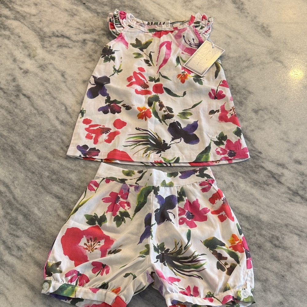 NWT Petite Plume Girls Floral Two-Piece Set - White with Pink, Purple & Green